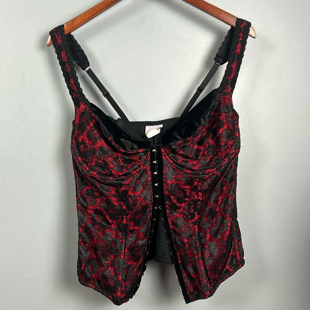 Vintage Intimate attitudes black red lace adjustable strap velvet trim corset